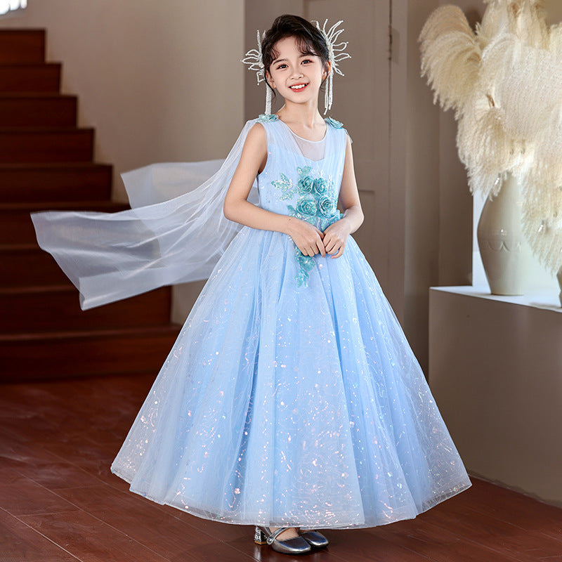 Girls' high-end formal dress  new arrival: shawl and ribbon detail, european and american style, perfect for piano recitals, banquets, and evening events. in stock for cross-border e-commerce