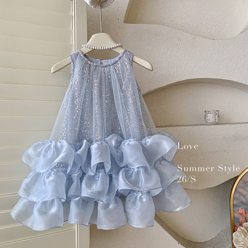 Girls' princess dress summer collection : new children's luxury high-end formal dress, girls' mesh vest dress