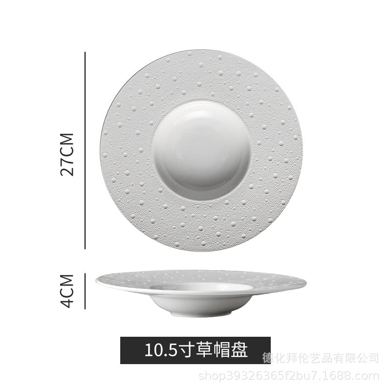 10.5inch straw hat plate western style soup bowl restaurant western food salad pasta plate creative white dot wide rim plate