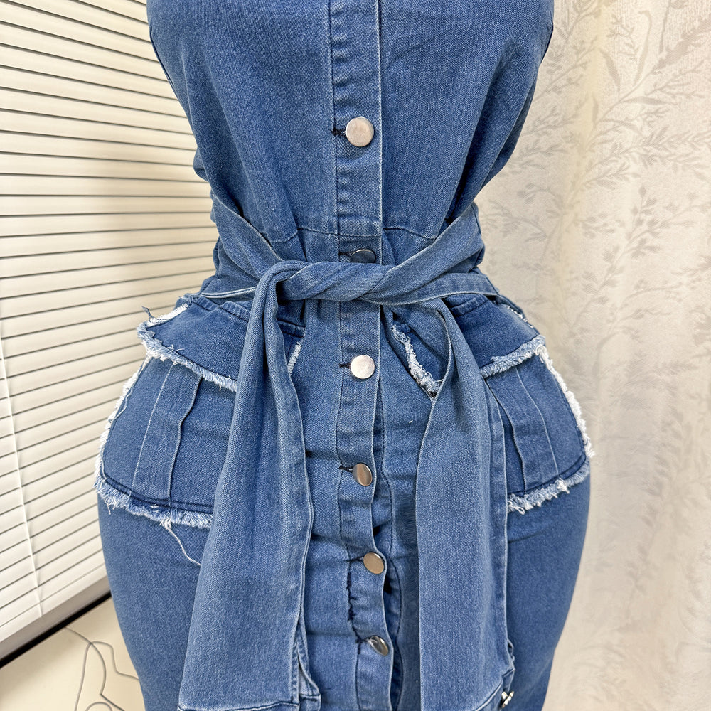 Summer american sexy bandeau single-breasted denim dress - raw hem, double pockets, tie-waist, bodycon mini dress