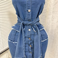 Summer american sexy bandeau single-breasted denim dress - raw hem, double pockets, tie-waist, bodycon mini dress