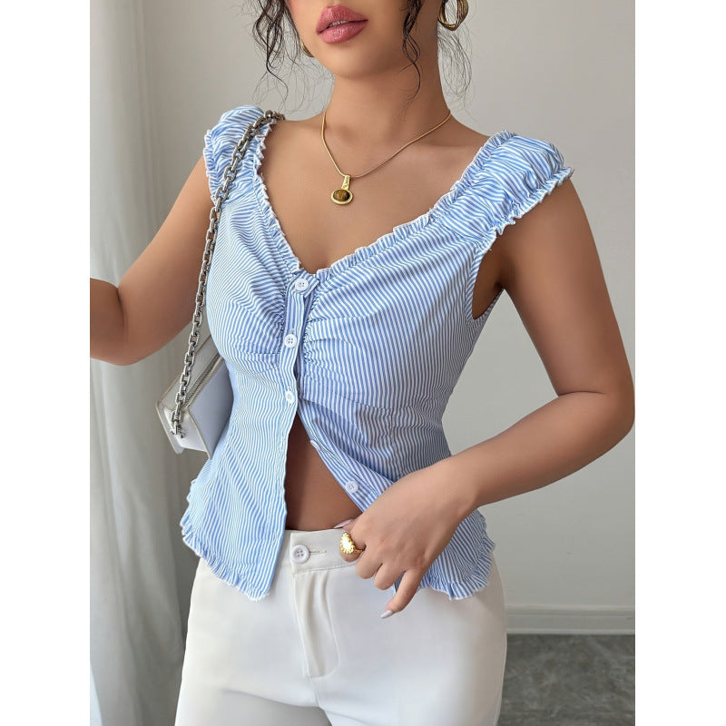 listing: new  women's slim-fit elegant ruffle neck short-sleeve blouse