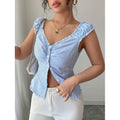 listing: new  women's slim-fit elegant ruffle neck short-sleeve blouse