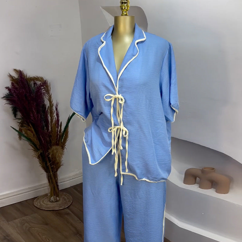 European and american cross-border women's fashion:  summer new collection - stylish tie-waist color block short sleeve shirt and wide-leg pants set
