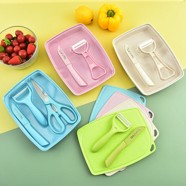Wheat straw cutting board set, paring knife, fruit plate sticky board, complementary food, household dormitory, stainless steel fruit knife, scissors