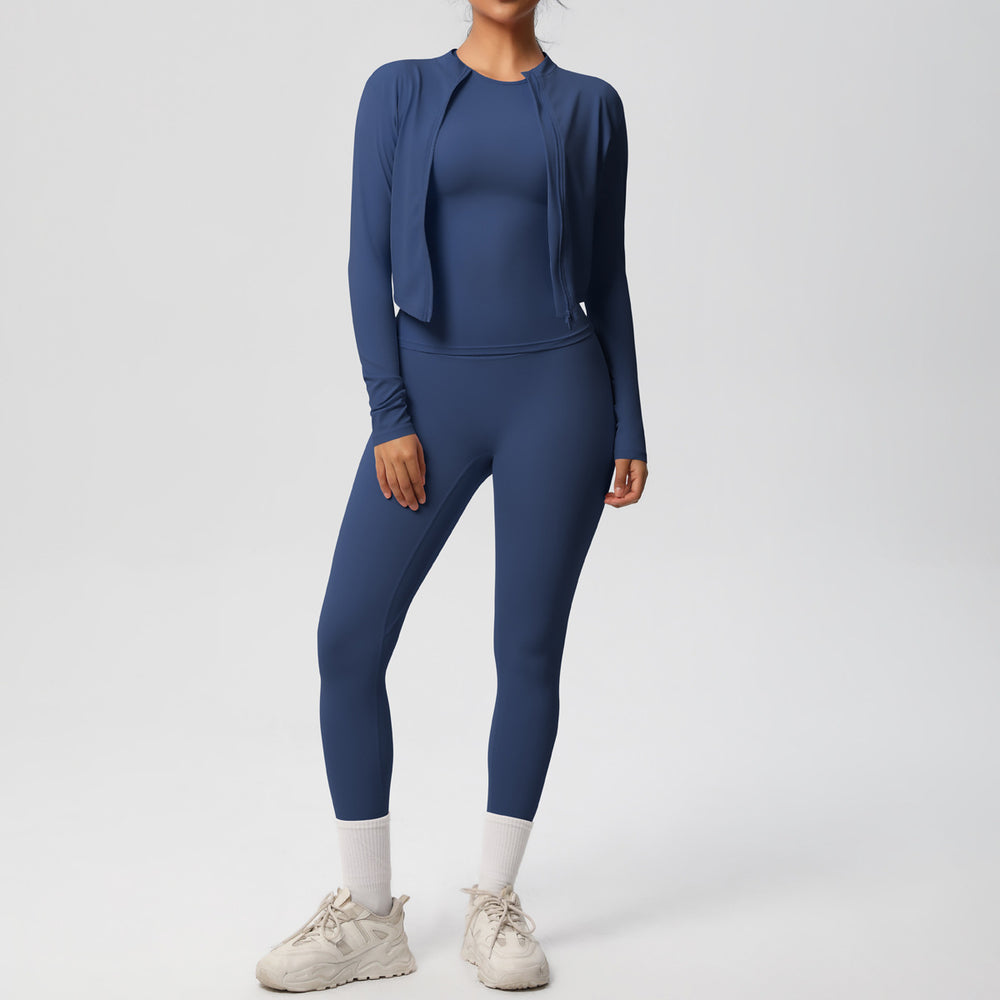 Ready-to-ship cross-border double-sided brushed microfiber seamless, breathable, and skin-friendly three-piece activewear set for women, perfect for running, fitness, and yoga