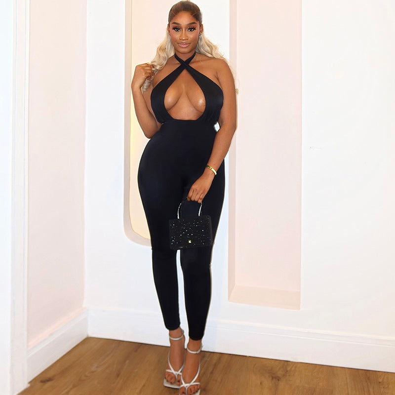 European and american style cross-border women's fashion sexy micro-stretch bodycon solid color long jumpsuit sleeveless halter backless bodysuit