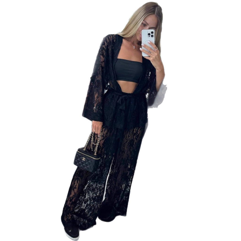 Cross-border European and American sexy lace cardigan shirt trousers  women's clothing solid color hollow fashion new two-piece set women