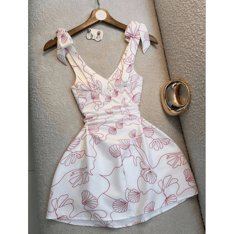 Women's new summer fashionable and elegant printed tie-strap v-neck a-line mini dress - perfect for going out and dating