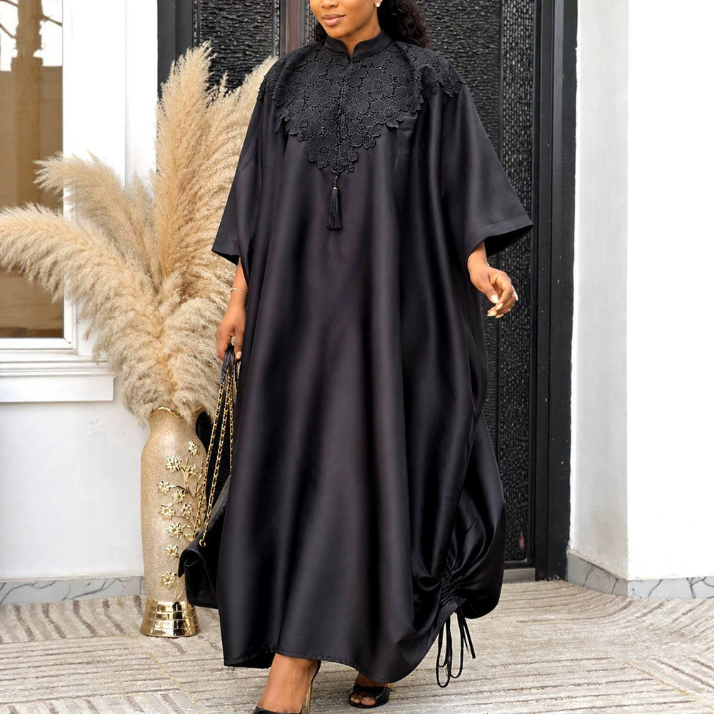 Solid color satin stand collar lace elegant dress - loose fit irregular drawstring chic african bubu robe dress