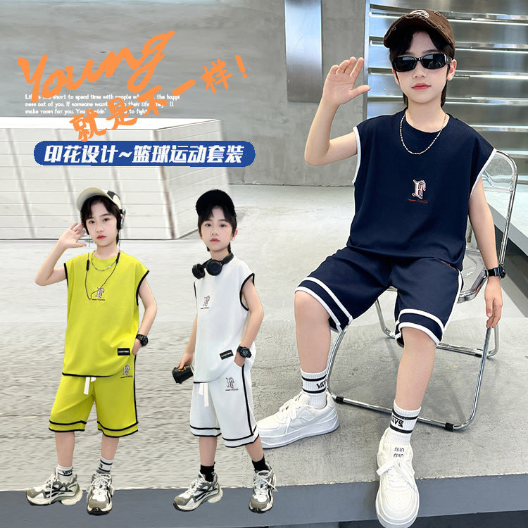 Kids' boys' summer outfit set  new style: trendy, stylish, lightweight, and cool short-sleeve and long-pant set for summer