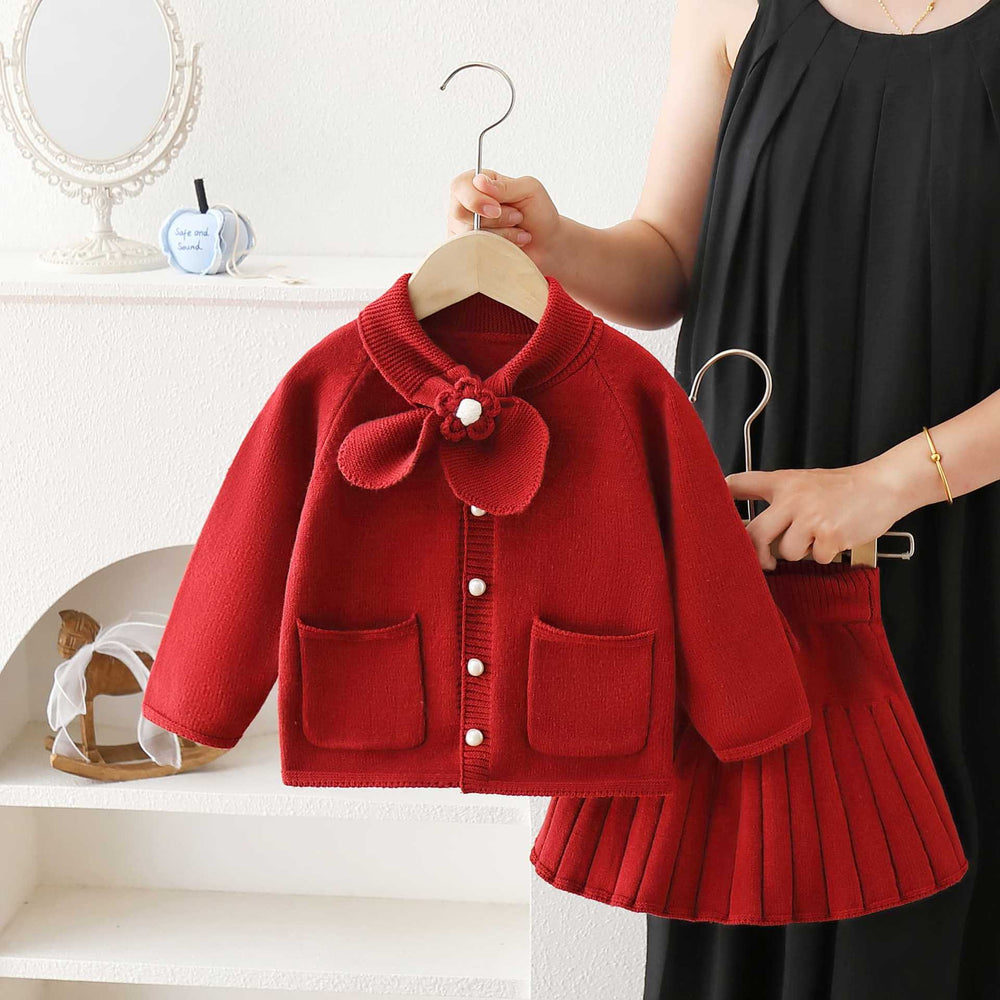 Girls' sweater set,  autumn/winter collection: baby girl knitted cardigan with bow collar, versatile two-piece outfit