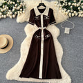Niche styleretro socialitefashioncontrast colorpolo collar metal buckle short-sleeved knittingdress women's waist sweater long skirt