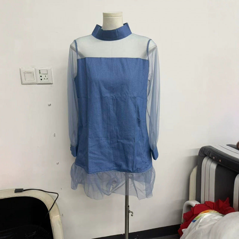 Amazon european style urban minimalist lantern sleeve patchwork faux collar denim mini dress - women's summer slimming dress