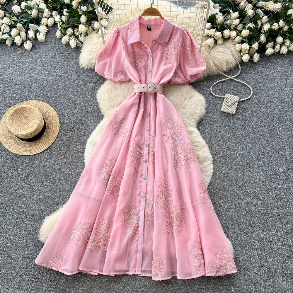Korean style pink lantern sleeve mesh dress - women's summer sequin waist a-line elegant commute maxi dress