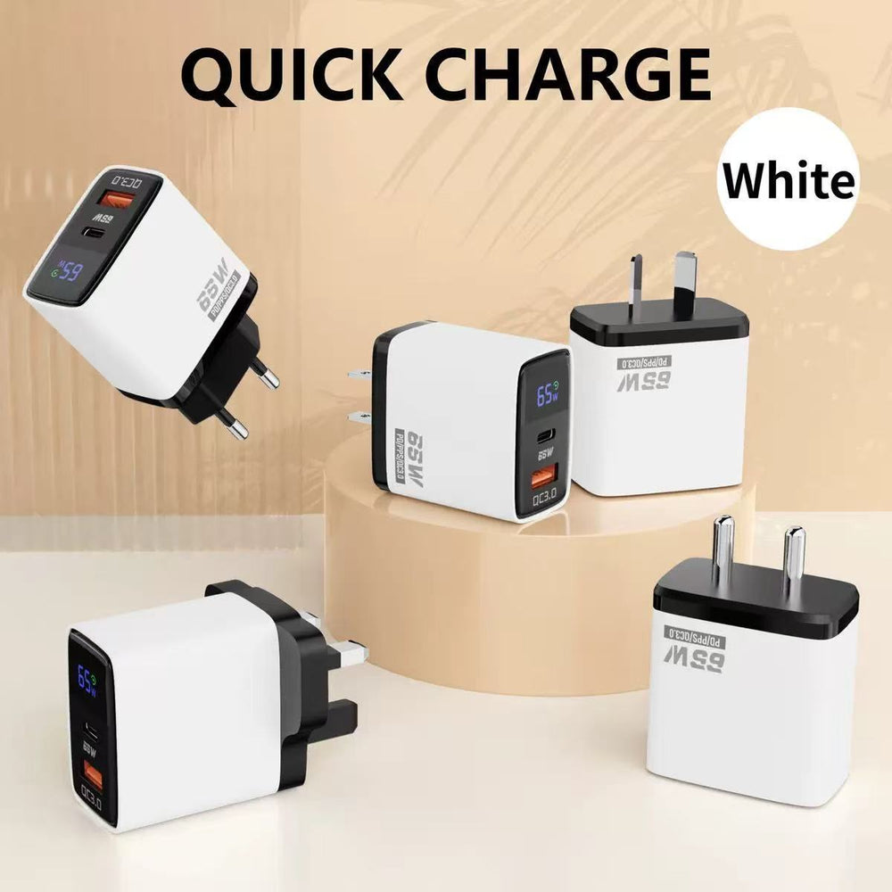 65w digital display charger, a+c multi-port fast charging adapter, eu/us/india plug, gallium nitride (gan) charger