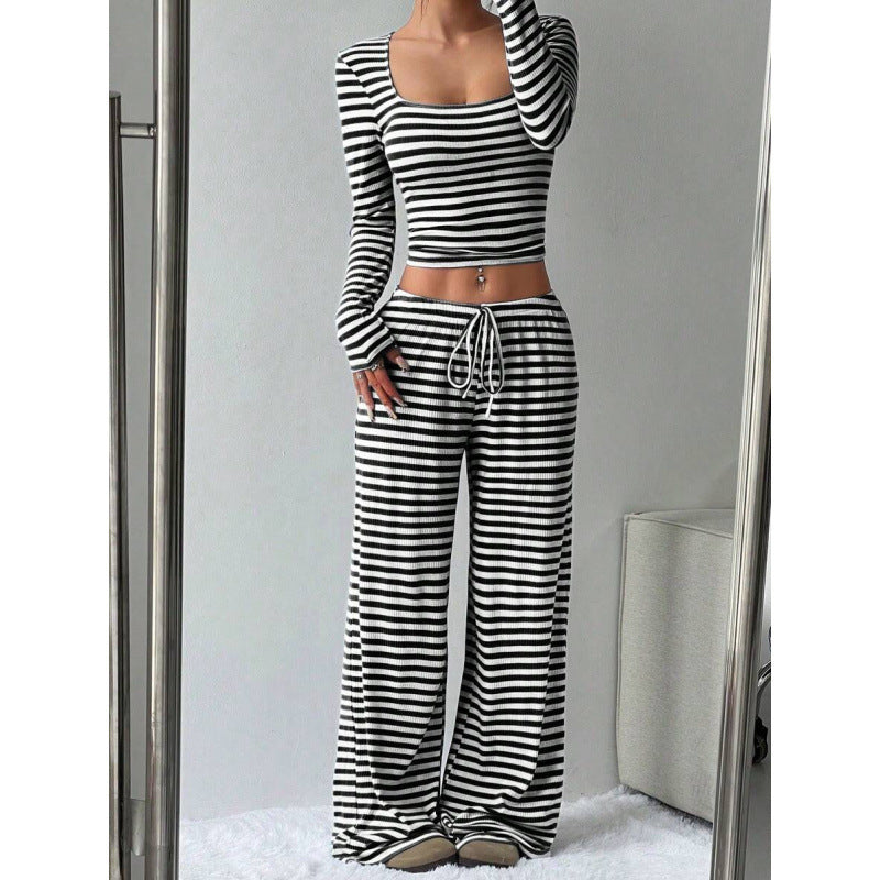 2025 european and american cross-border amazon aliexpress autumn/winter new striped high-waisted slimming wide-leg pants set for women