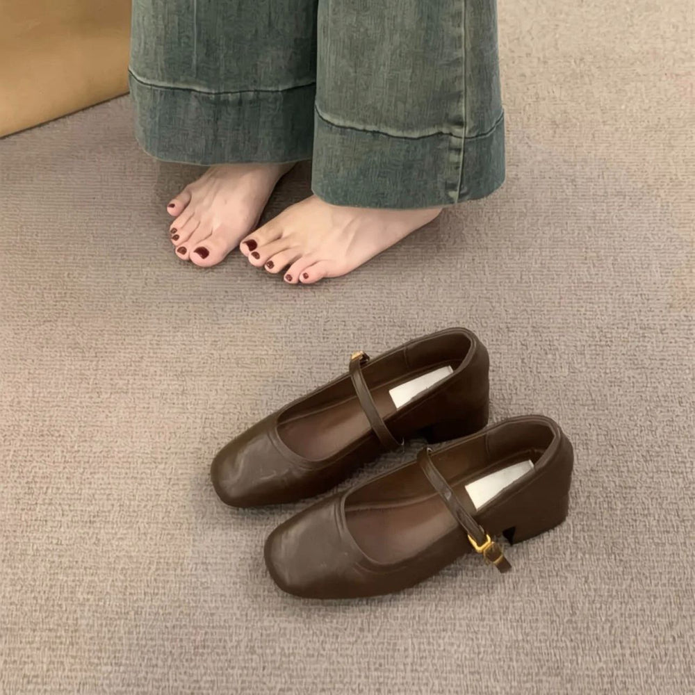 Elegant fairy chunky heel mary jane leather shoes, french retro square toe low-cut flats, 2025 autumn collection, mid-heel evening style