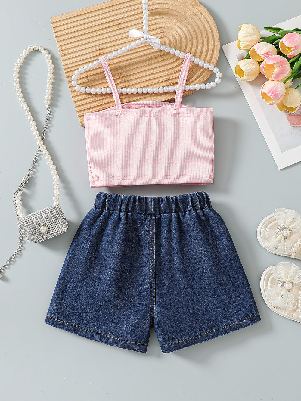 cross-border girls' playful & cute cami top + embroidered denim shorts set with bow detail