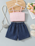 cross-border girls' playful & cute cami top + embroidered denim shorts set with bow detail