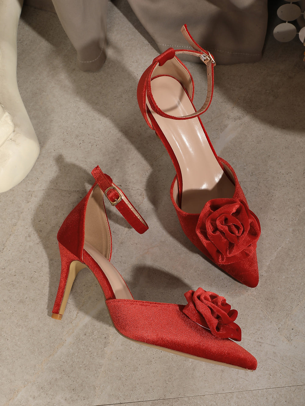 Women's high heels red rose embellished stiletto pointed toe fashion casual sexy shoes