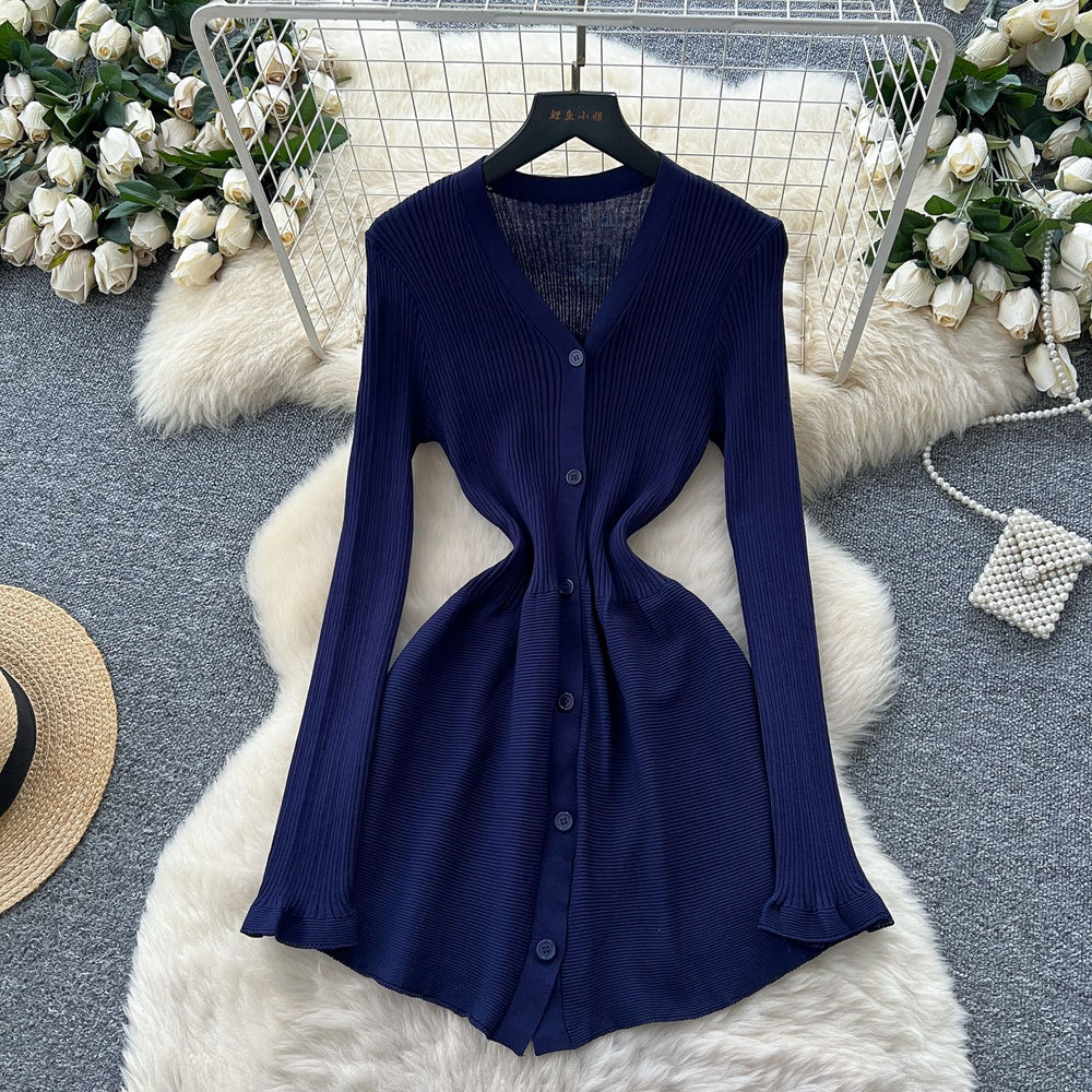 French retro knit dress - women's autumn single-breasted slim fit minimalist chic elegant midi dress