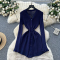 French retro knit dress - women's autumn single-breasted slim fit minimalist chic elegant midi dress