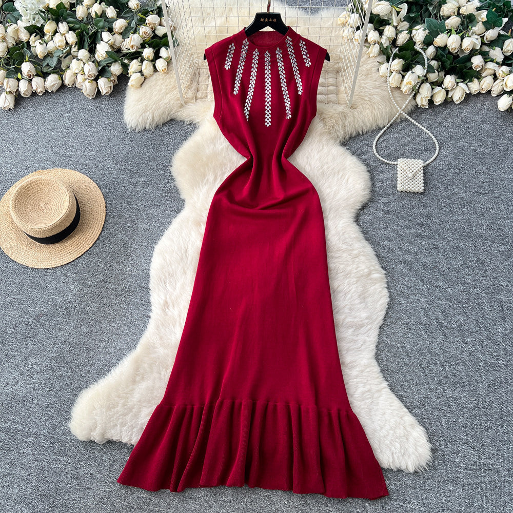 Luxury sleeveless halter neck diamond-embellished knit dress - women's summer high-waisted fitted mermaid dress - commute-friendly designer maxi dress