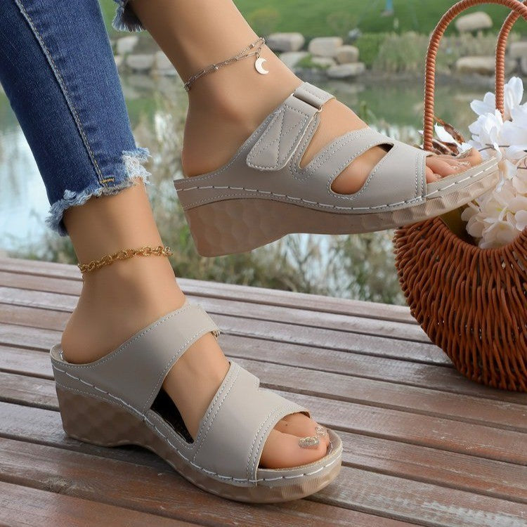 Plus sizeexportnew arrivalwomen's summer open toe outwear slippers thick sole wedge beach one-line plus size sandals