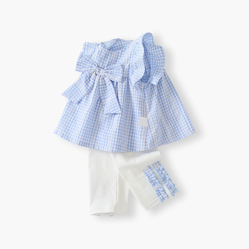 Girls' outfit set  new sweet style baby girl clothes two-piece set pastoral blue plaid top children's clothing