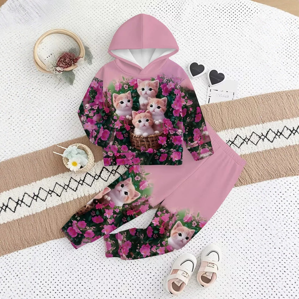 Kids' hoodie set, cross-border hot-selling cartoon animal print girls' fashion hooded sweatshirt and sweatpants set