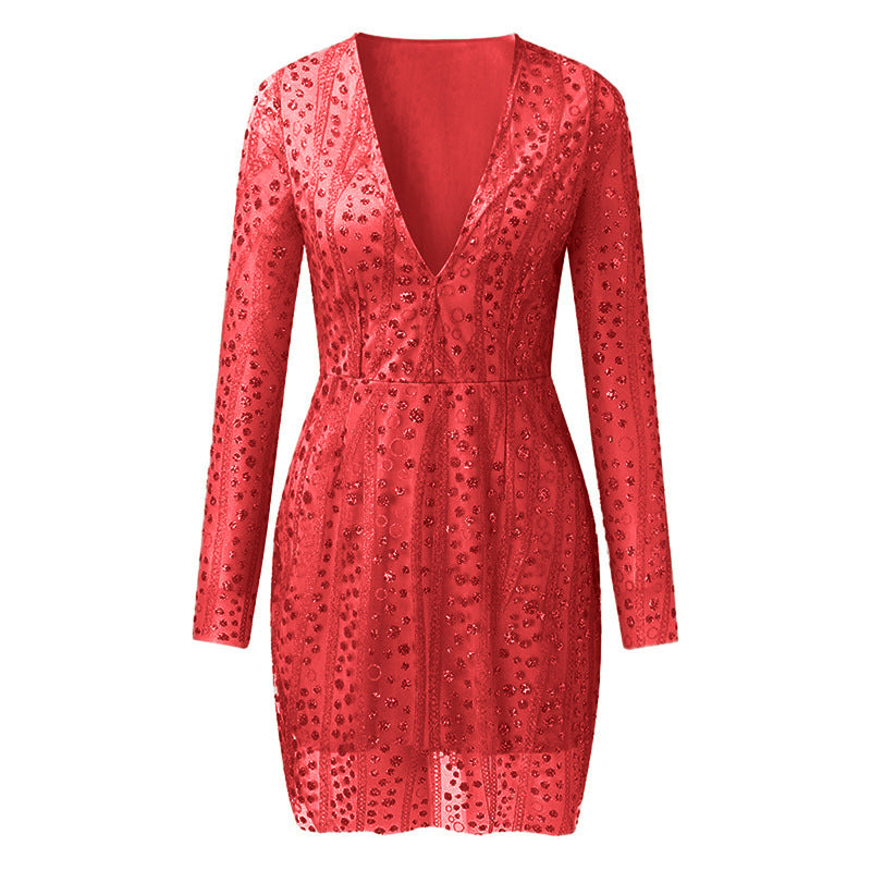cross-border e-commerce fashion women's apparel:  direct sales deep v long sleeve sequin dress - evening gown