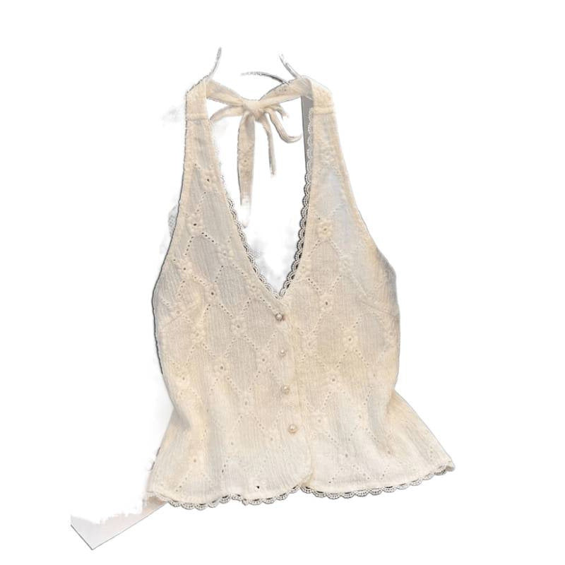 Women's summer new fashion elegant solid color backless pearl button decorated tie-up halter neck tank top