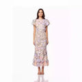 2025 spring new arrival: cross-border luxury round neck embroidered 3d floral puff sleeve midi bodycon dress