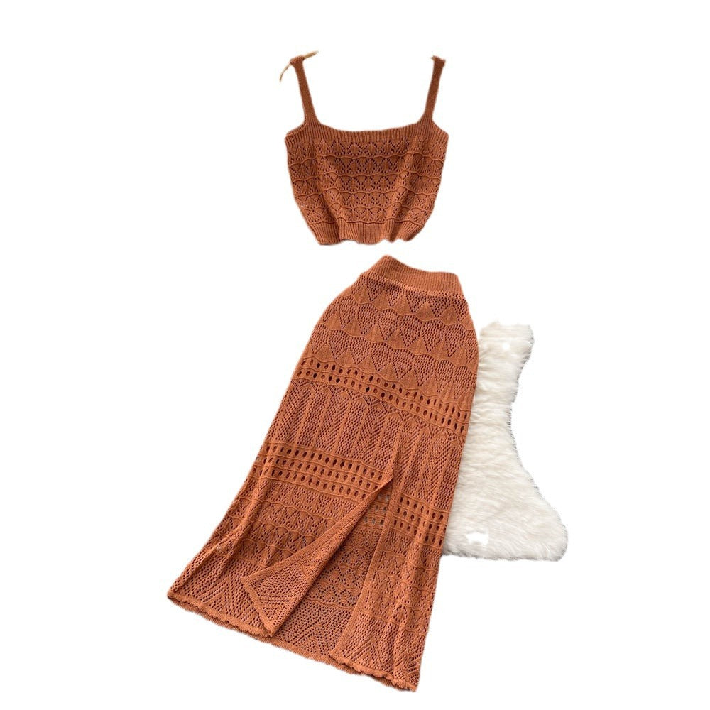Sweet and spicy style fashioncut out camisole women's shortoutwearknittingtwo-piece sethigh waist slit skirt summer