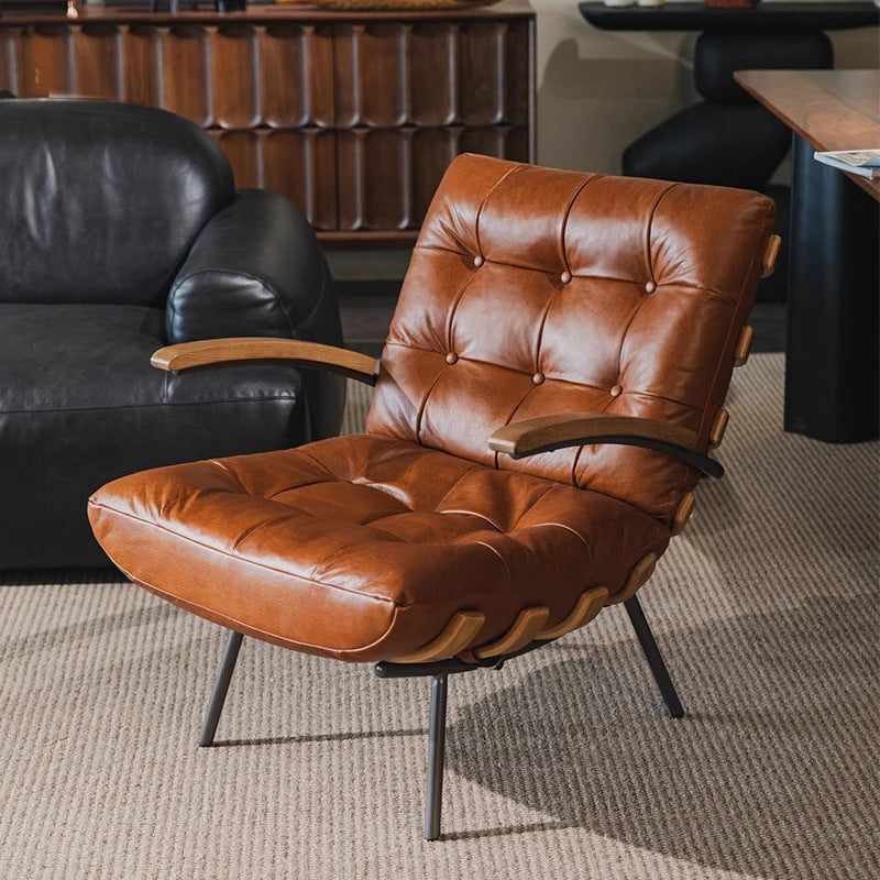 Vintage-style ribbed back casual chair, retro oil wax leather sofa chair, creative art lazy chair, designer negotiation chair