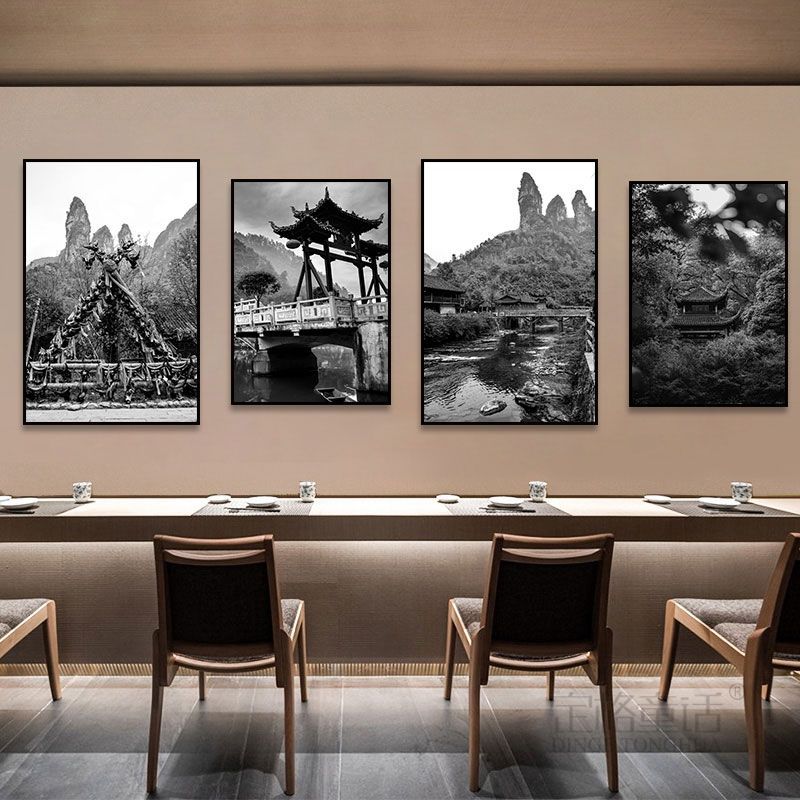 Hunan restaurant hanging paintings old Changsha Chinese hotel restaurant box hanging paintings retro nostalgic Hunan black and white architectural murals