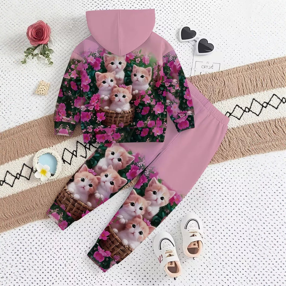 Kids' hoodie set, cross-border hot-selling cartoon animal print girls' fashion hooded sweatshirt and sweatpants set