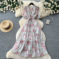 French romantic floral dress for women, summer , v-neck, puff sleeves, cinched waist, slimming, elegant maxi dress