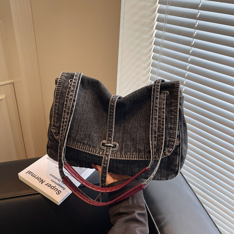 Cross-border niche retro commuter tote bag women's 2025 summer new trendy denim casual shoulder messenger bag