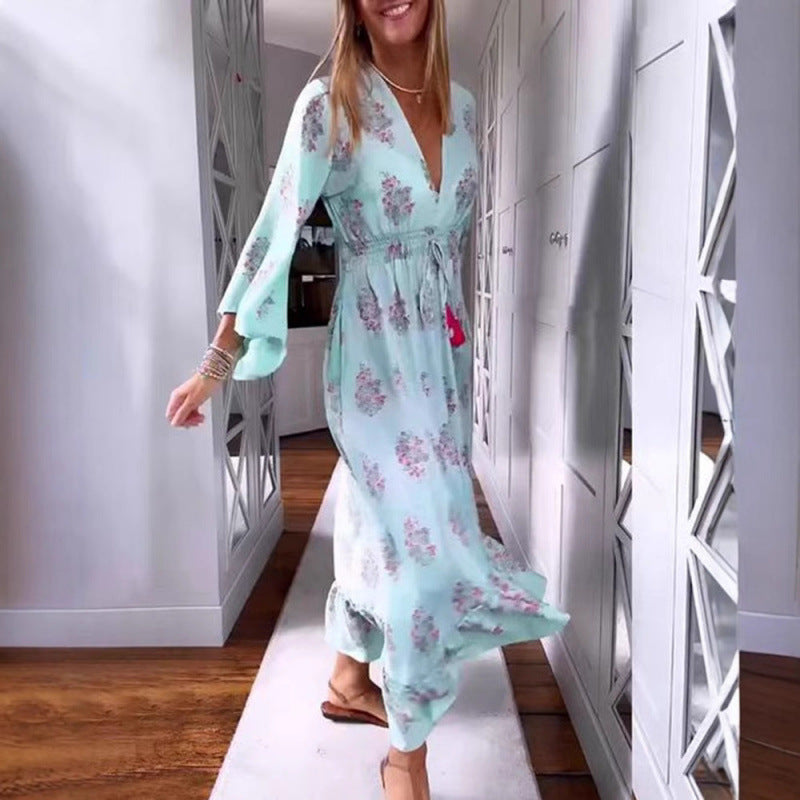 new european and american style women's casual printed v-neck long sleeve dress for cross-border e-commerce