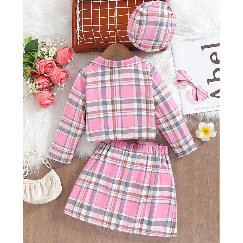 Spring & fallgirlplaidsuittwo-piece setk-style gray pink plaid lapel preppy style hat suit children's skirt