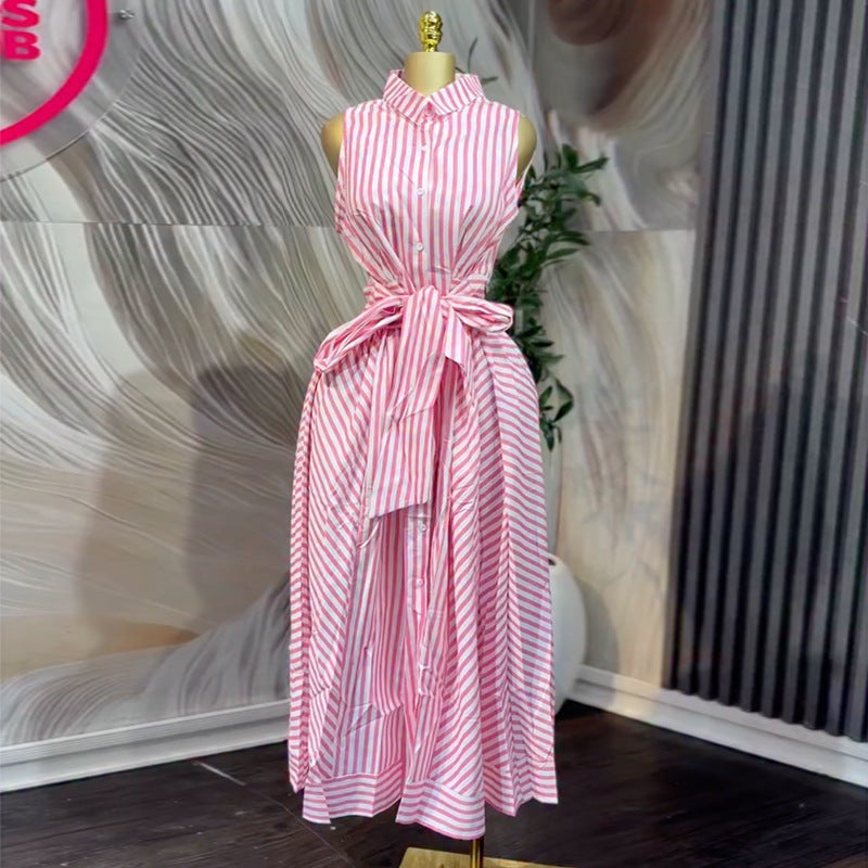 European and american cross-border women's fashion:  spring new arrival - elegant sleeveless striped shirt dress with tie waist, mid-length