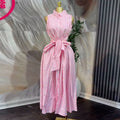 European and american cross-border women's fashion:  spring new arrival - elegant sleeveless striped shirt dress with tie waist, mid-length