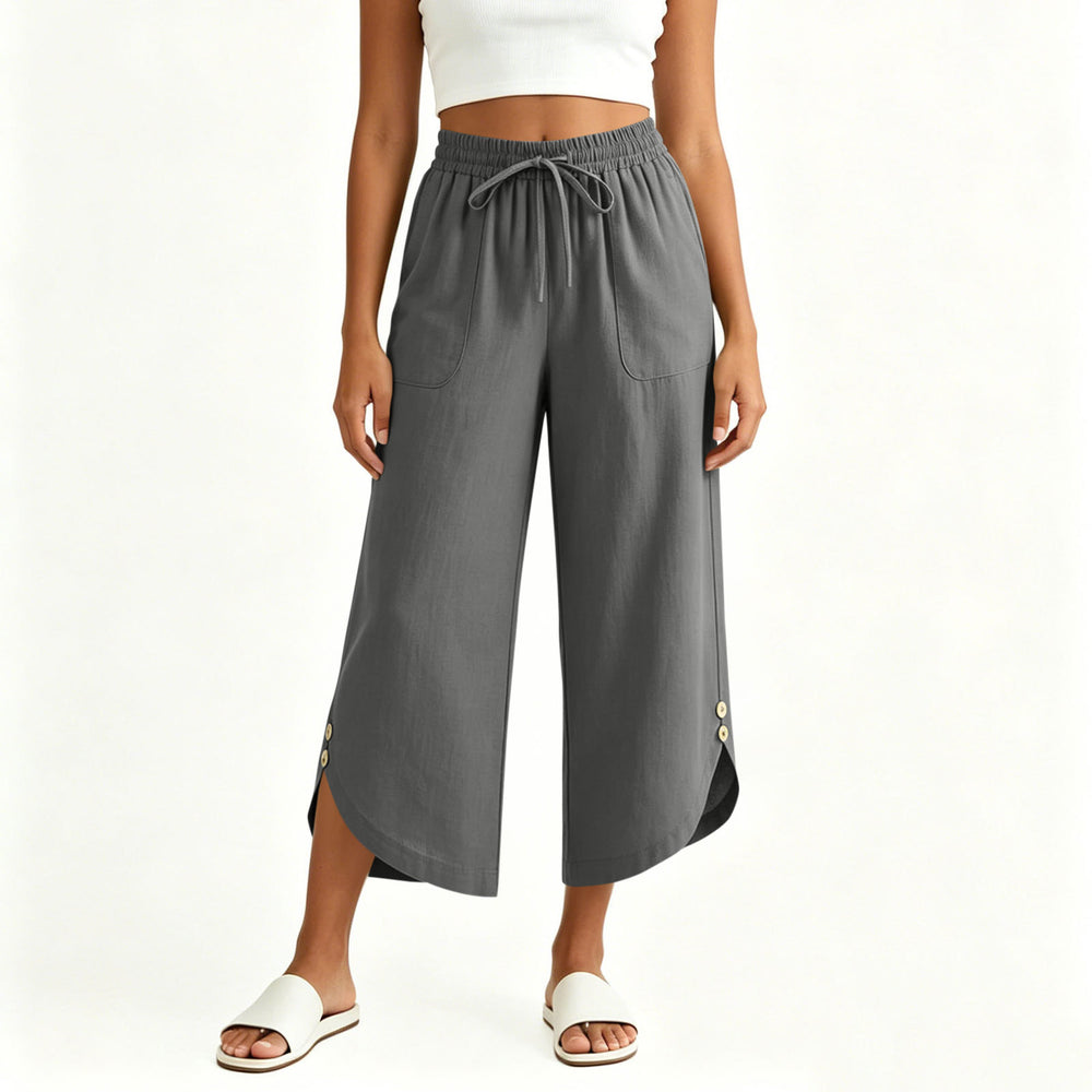 cross-border  women's summer lightweight solid color elastic waist drawstring pocket side button casual capri pants