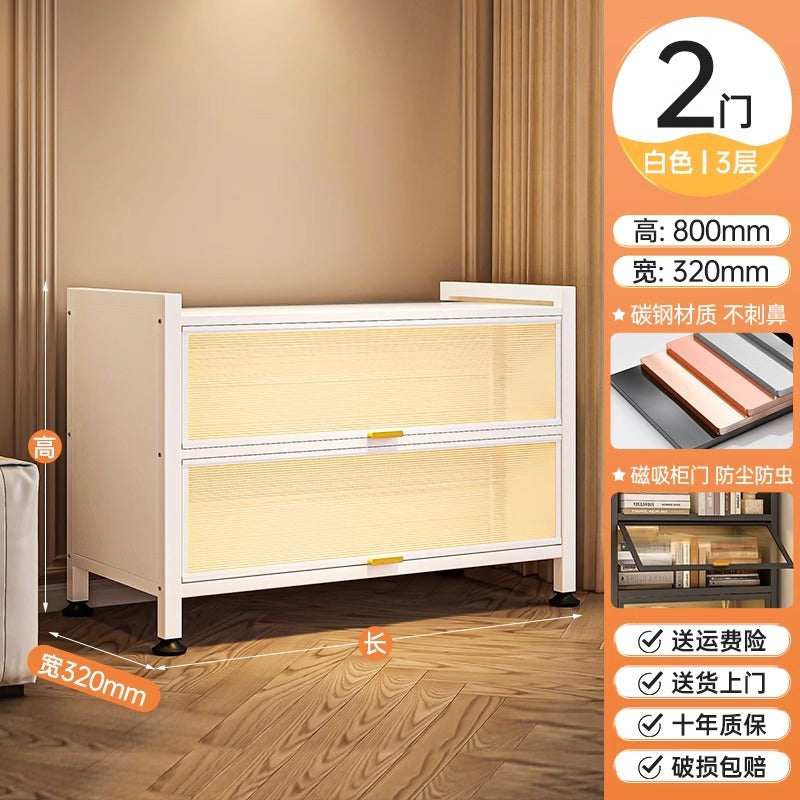 Dustproof iron art flip-door bookcase for home, living room, bedroom, multi-layer floor storage cabinet, student and children's bookshelf organizer