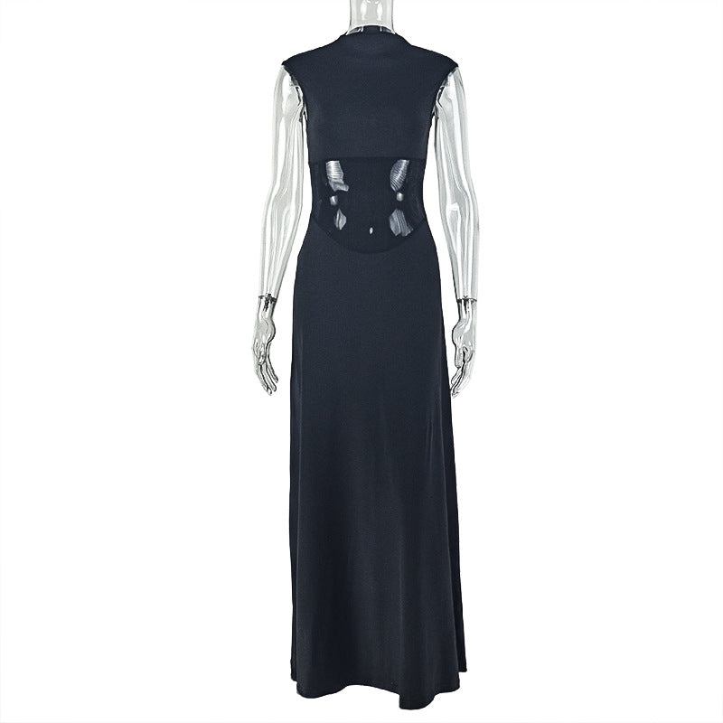 Fashionins cross-border pure color waist women's sleeveless eleganteasiest for match a-line skirtpatchwork high collar street long dress