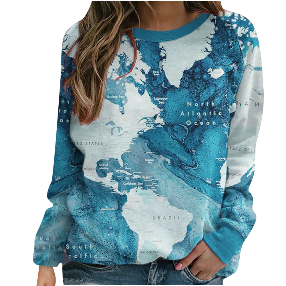 2026 amazon fashion women's o-neck map printing sweatshirt long sleeves tops in stock
