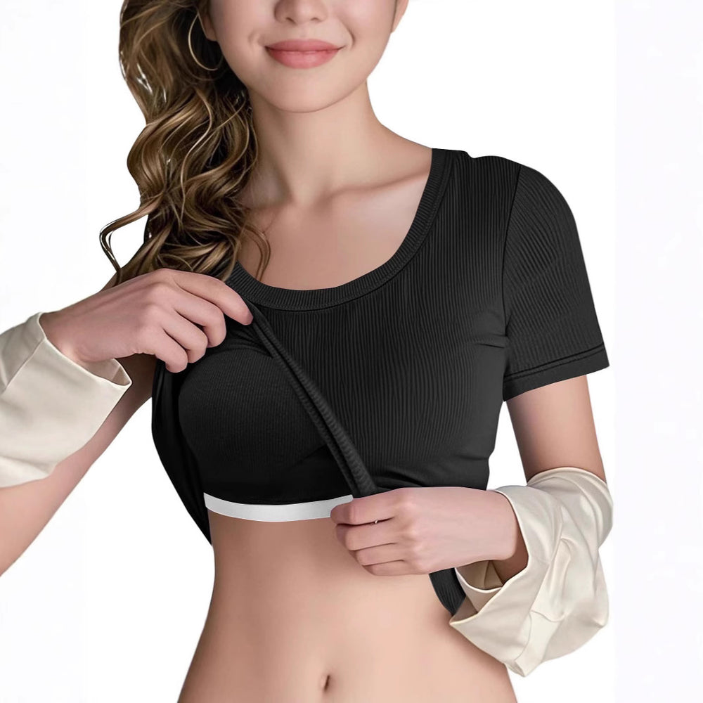 cross-border women's fashion solid color padded bralette top - versatile layering, loungewear, and everyday wear - crew neck short sleeve tank top