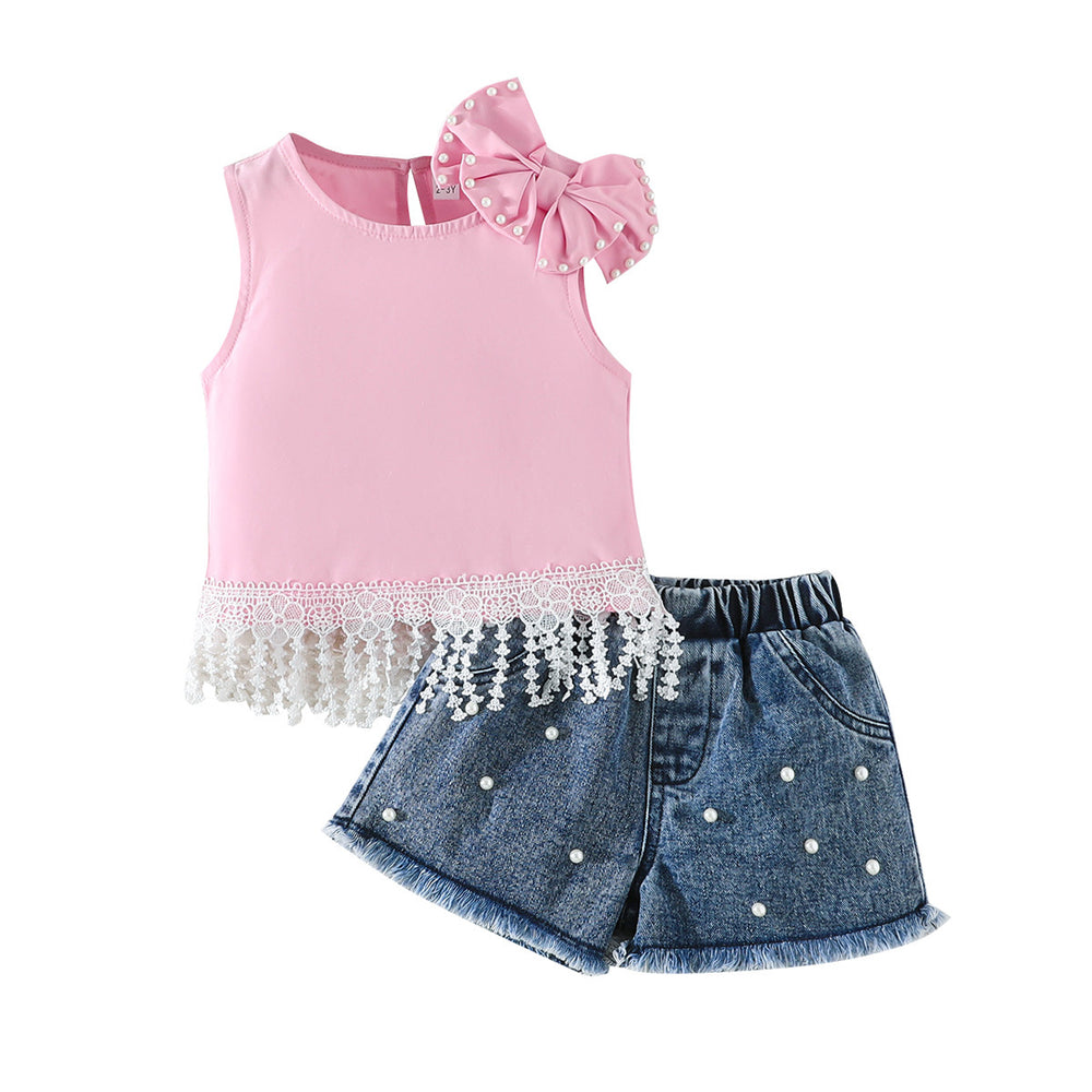 european and american style girls' summer outfit: bowknot lace tassel tank top + beaded denim shorts set
